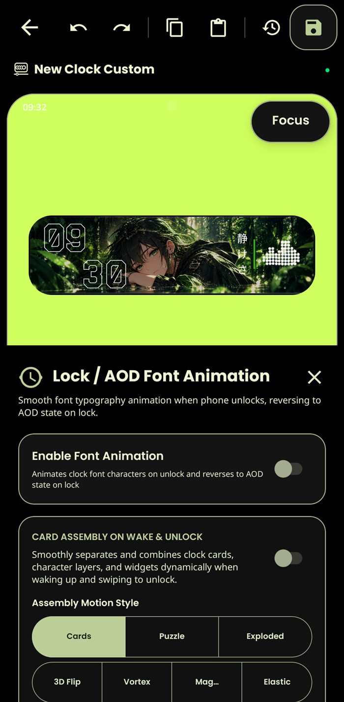 Animation settings with lock and always-on display font motion, card assembly styles and a per-layer unlock timeline