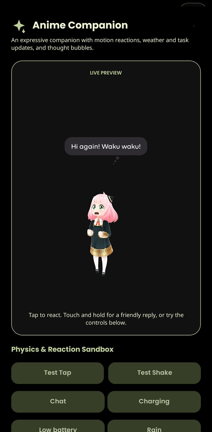 Anime companion editor with a character preview, reaction message and response controls