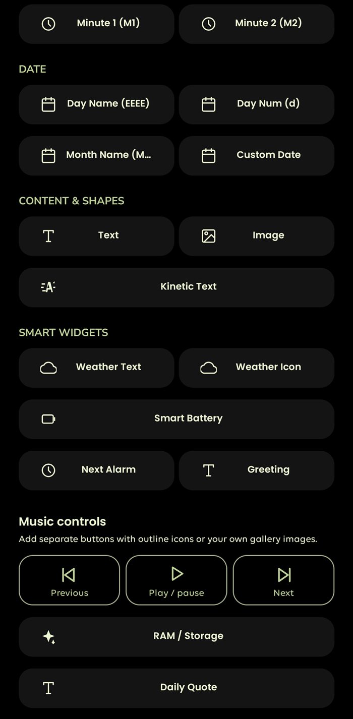 The Add Element catalog with time, date, text, image, smart widgets and music controls