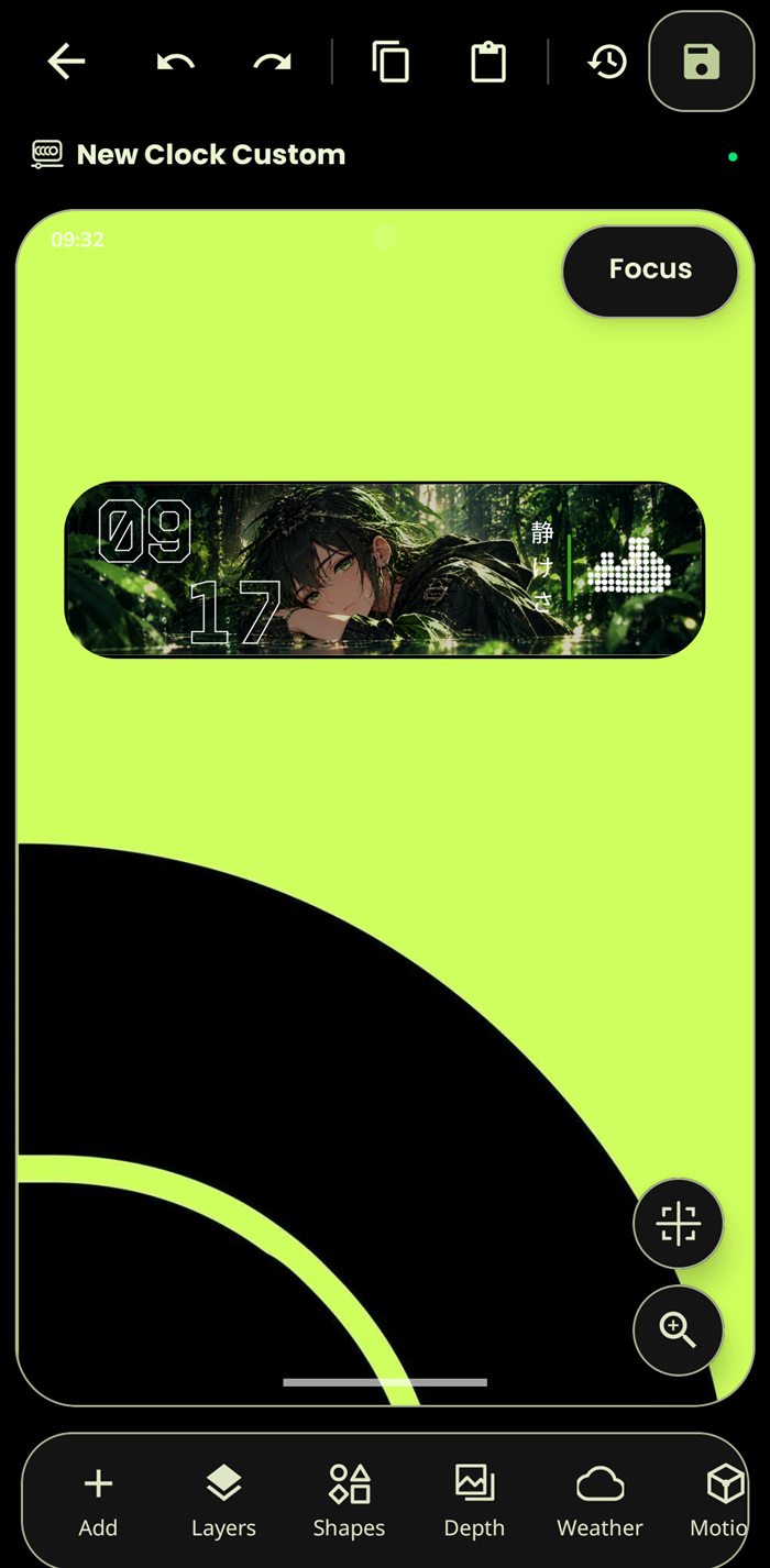 A preview of REI’s lockscreen clock editor displayed inside a phone