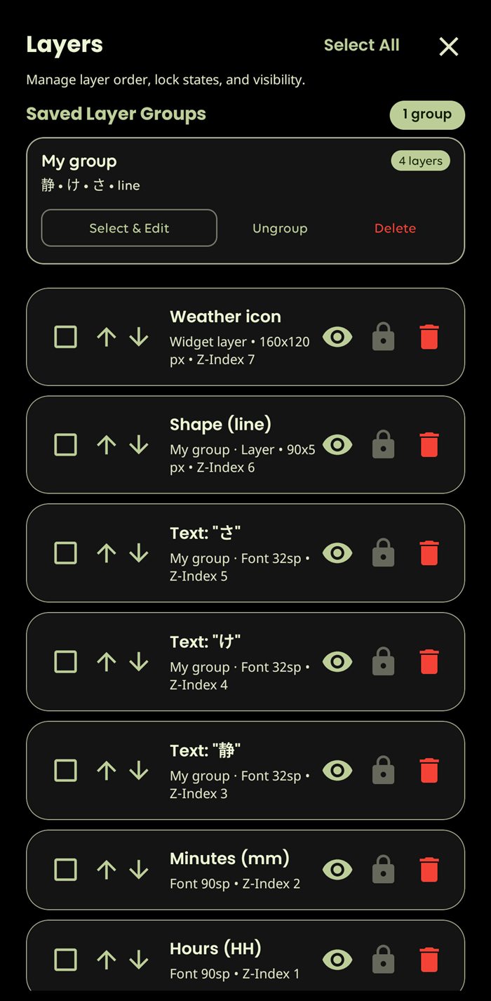 REI Layers panel listing editable weather, shape, text and time layers with visibility, lock, reorder and delete controls
