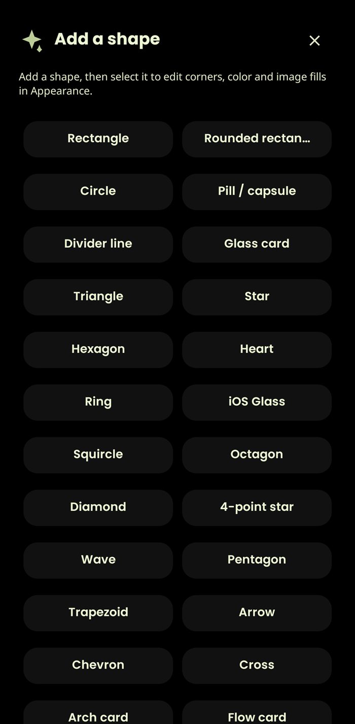 The shape catalog with geometric, card, glass and decorative shapes