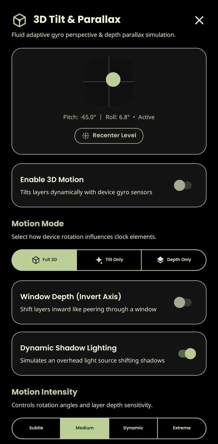 Motion controls with gyro pitch and roll, 3D tilt modes, dynamic shadows and intensity settings