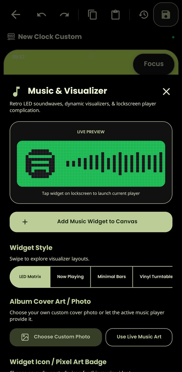 Music widget gallery with Now Playing, LED matrix, minimal bar and vinyl visualizer cards