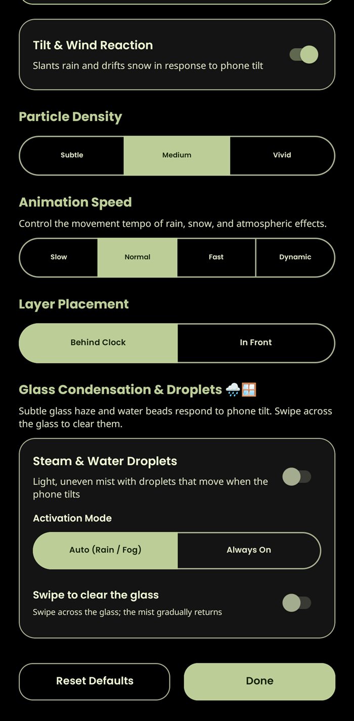 Nature and weather atmosphere settings for tilt response, particle density, animation speed, placement, fog and swipe-cleared droplets