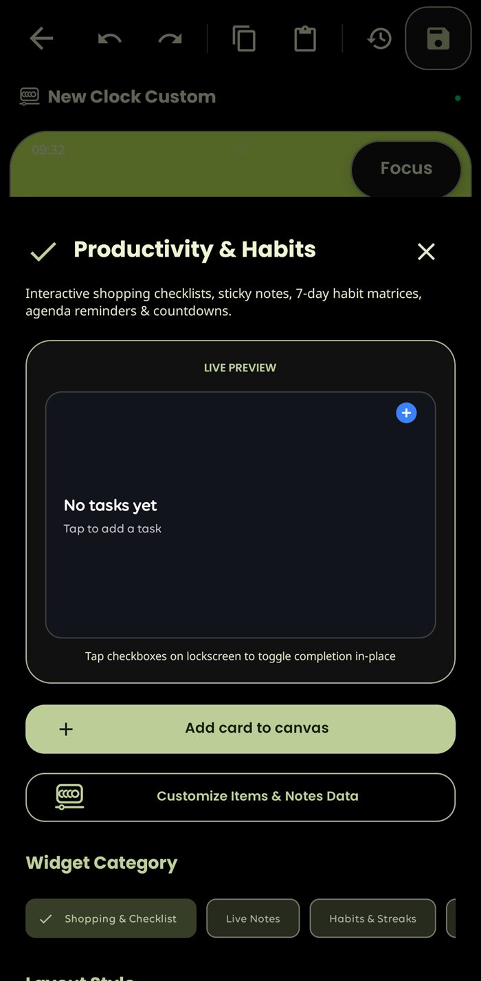 Task and habit widget controls with checklist, note, habit grid, agenda and countdown options