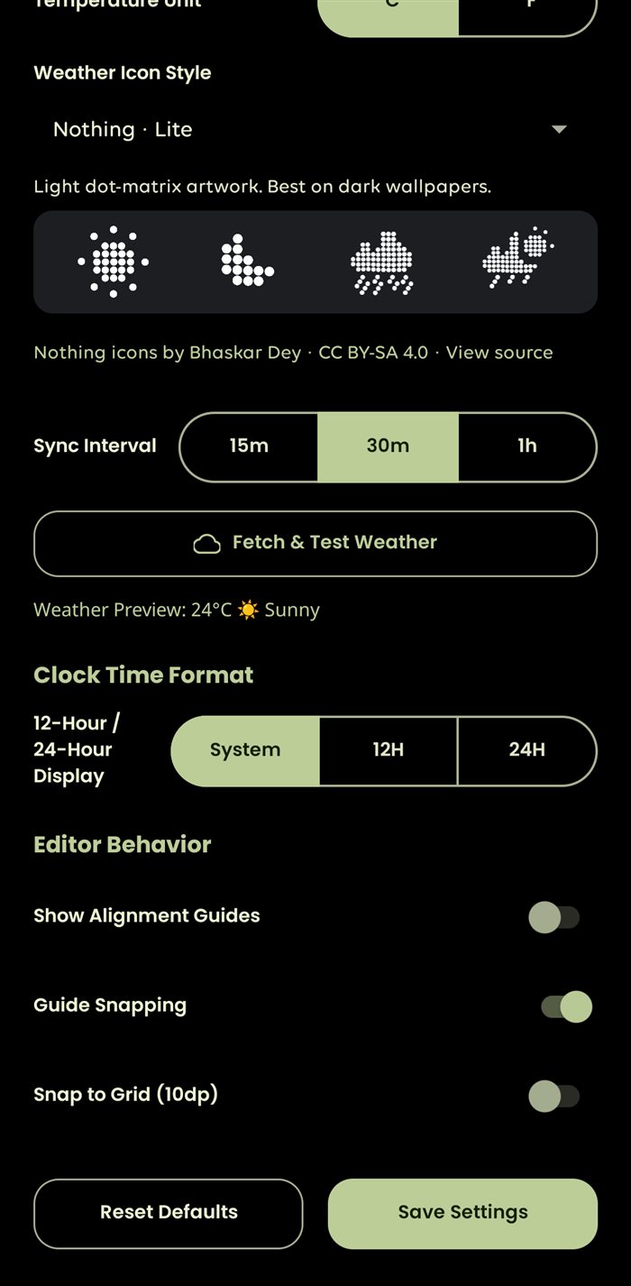 Weather controls for icon style, refresh interval, temperature units and editor alignment settings