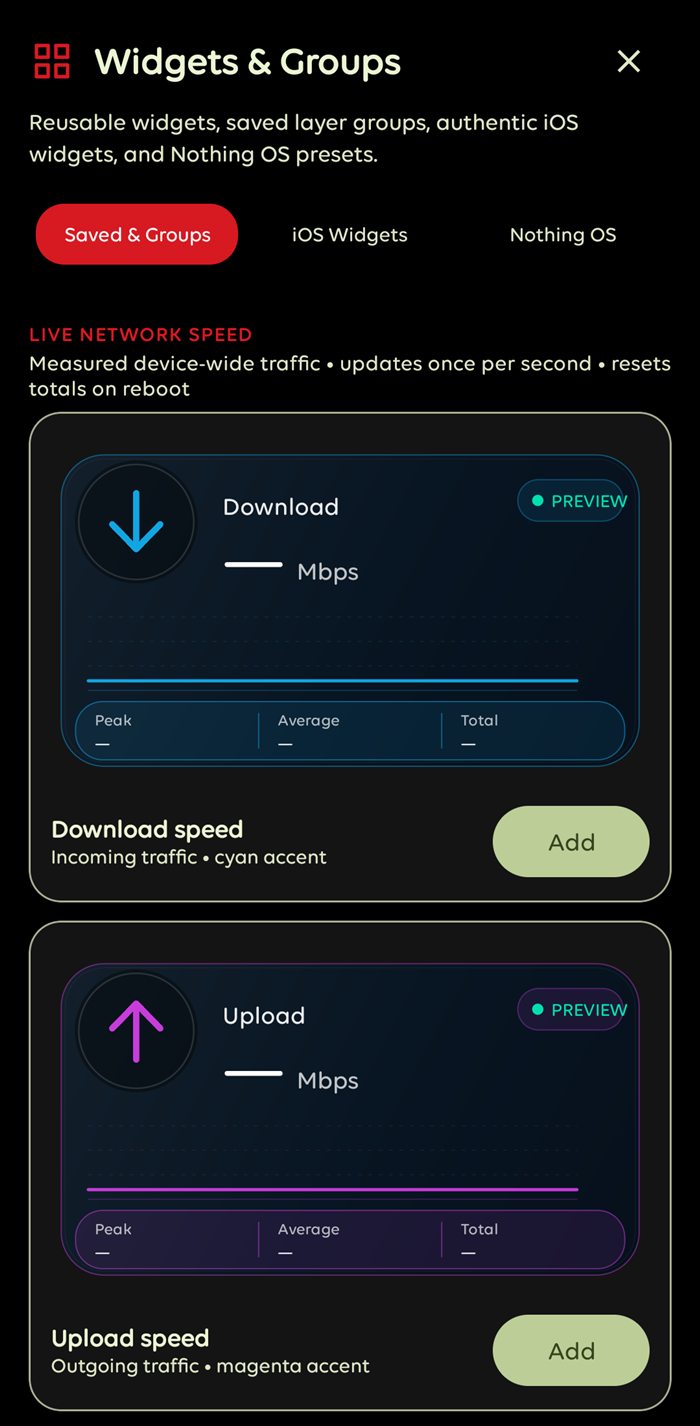 Widget panel showing saved groups, iOS widgets and Nothing OS widget presets